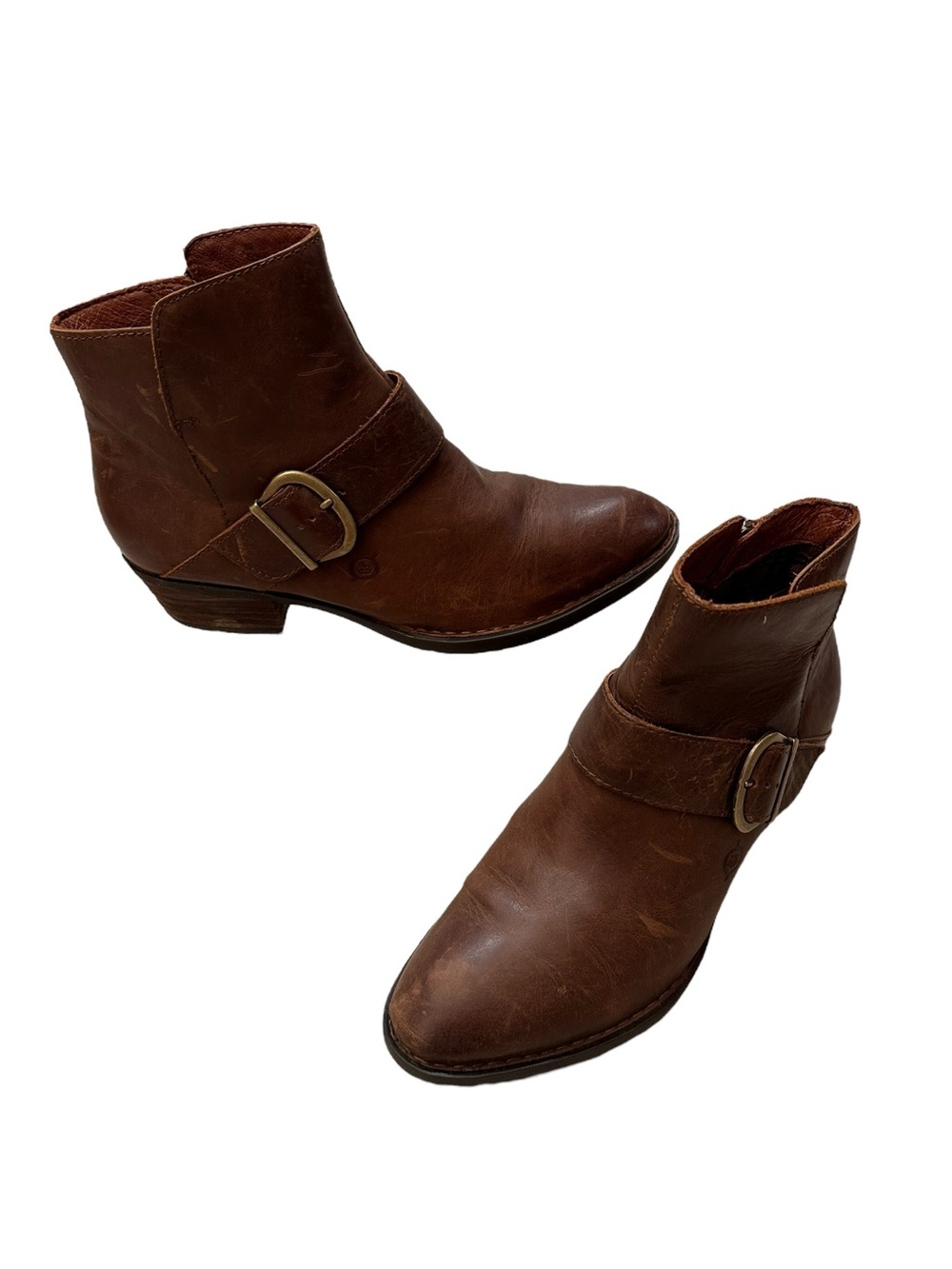 Born Brown Leather Buckle Ankle Zip Boots Bootie Boho Womens size 8